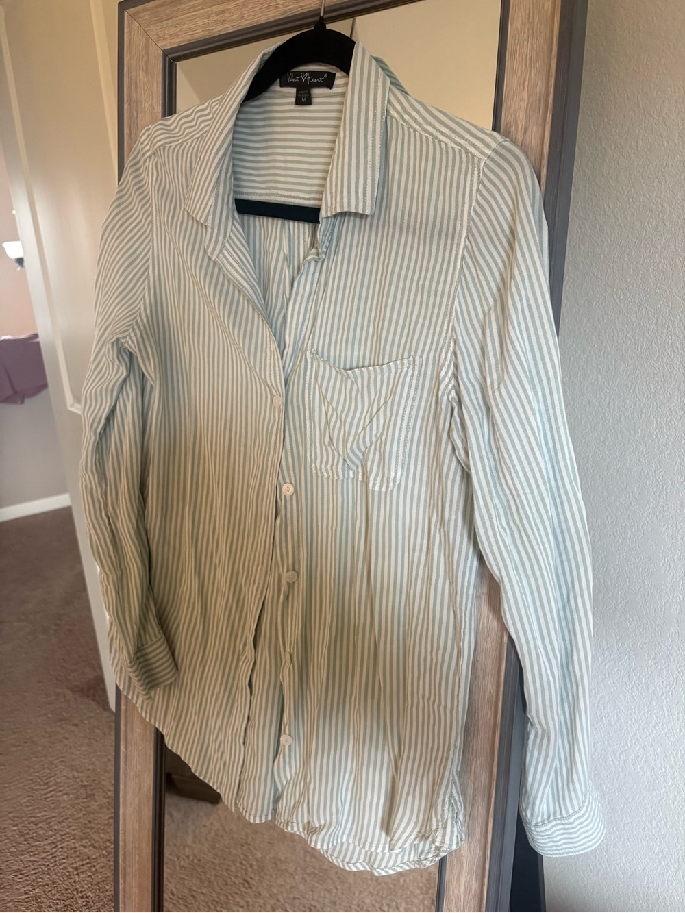 Velvet Heart Light Green and White Striped Button-Down Shirt